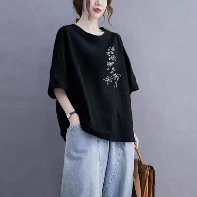 Футболка из хлопка с коротким рукавом, женская, свободная, модная, со средним рукавом, летняя, винтажная футболка