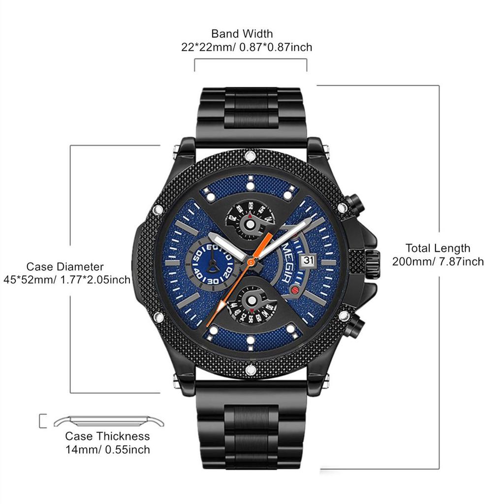 Megir Деловые кварцевые наручные часы с хронографом для мужчин с ремешком из нержавеющей стали и запасным силиконовым ремешком со светящимися стрелками с автоматической датой