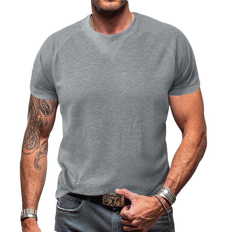 Men White Waffle Knit Crew Neck Short Sleeve T-Shirt Casual Solid Top