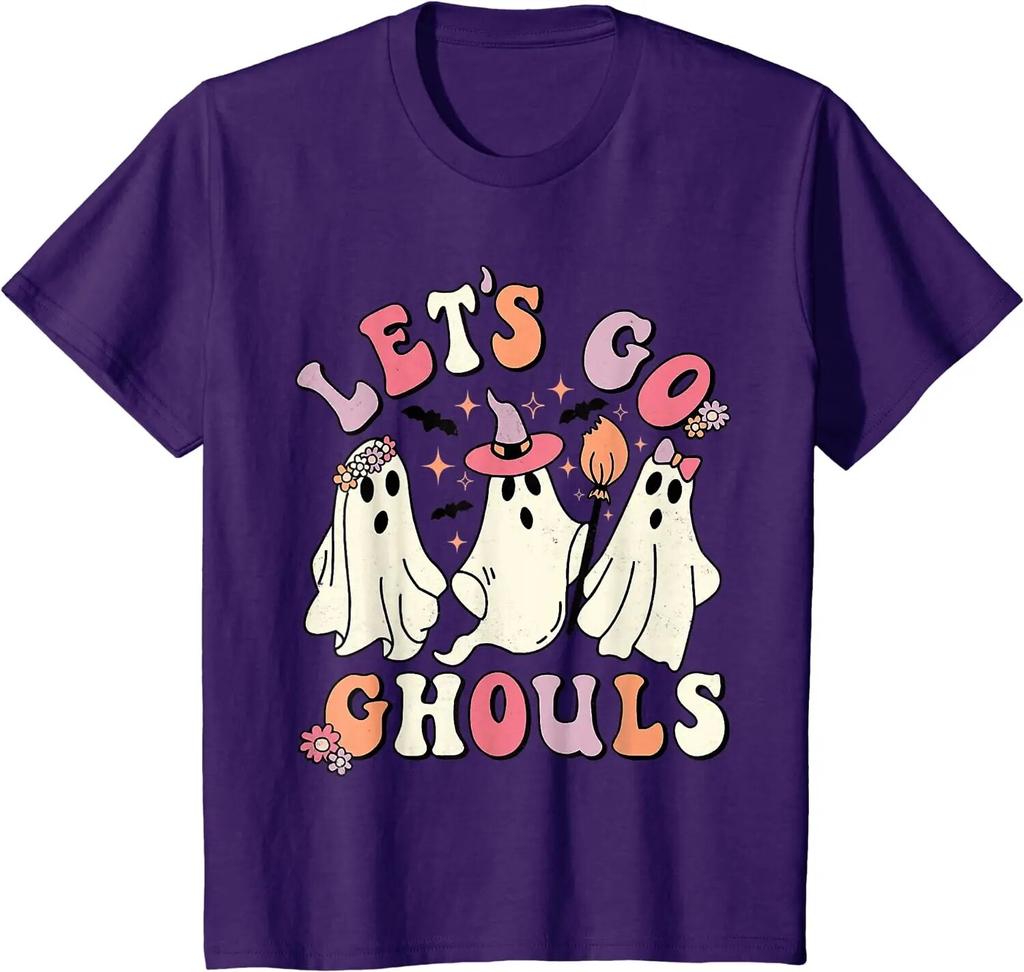 Let's Go Ghouls, костюм призрака на Хэллоуин, ретро, ​​заводная футболка для женщин унисекс, повседневные хлопковые повседневные рубашки для женщин, футболки