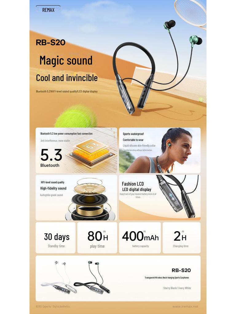 Водонепроницаемые беспроводные спортивные наушники REMAX Ruiliang RB-S20 с длительным сроком службы батареи