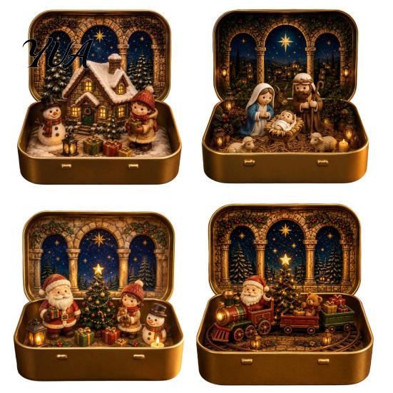 Tiered Scene Decoration Mini Christmas Set in A Tin Box, Pocket Size Holiday Small Tabletop Decor Box with Miniature Figures, Collectible for