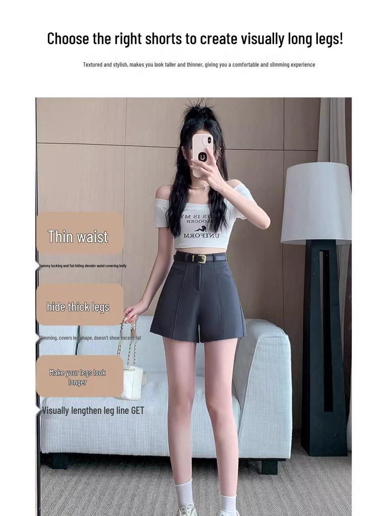 Women's High-Waist Summer A-line Booty Shorts - Black Outwear Slimming, Loose, Casual Wide-Leg Pants