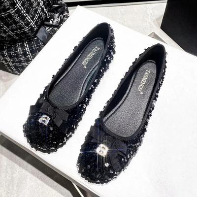 Женские туфли на плоской подошве с мелким носком, сверкающие блестки, банты на плоской подошве, темпераментные одинарные туфли, женские туфли на плоской подошве, женская обувь, мода