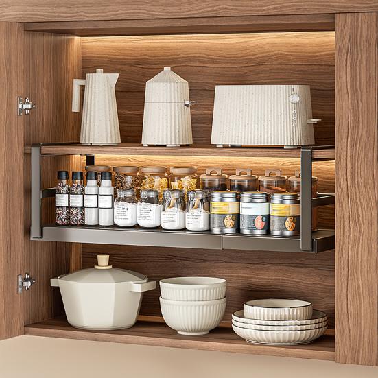 Yousheng Расширяемая полка для хранения под полкой, подвесная, без сверления, выдвижная, органайзер для шкафа под полкой, нержавеющая углеродистая сталь, для кухни, кладовой