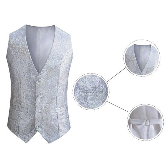 Мужской жилет с блестящими пайетками, без рукавов, Slim Fit Cardiagn, однобортный, с V-образным вырезом, регулируемая пряжка на спине, сценическое шоу, ведущий, мужской жилет