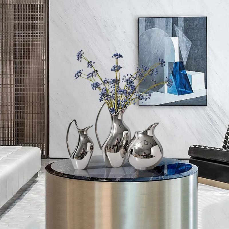 Керамическая ваза из скандинавского серебра, украшения из сухоцветов, креативная гальванизированная ваза, вазы в форме чайника, украшение для гостиной, подарок