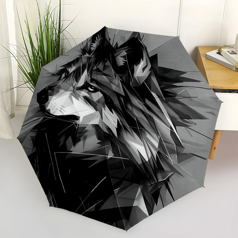 1pc Wolf Face Automatic Folding Umbrella, 8-Rib Durable Iron Frame, Compact Travel Umbrella for Women & Men 068