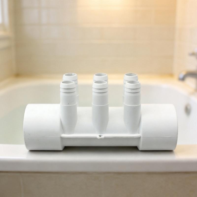 Bathtub Water Manifold Connector PVC 6 Hole Pipe Fitting with Ribbed Outlets for Multi Point Water Distribution in Bathroom