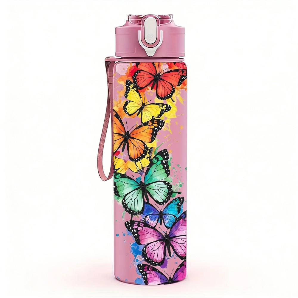 1PC Colorful Butterfly Wing Art 750ml Color Plastic Sports Water Bottle Leakproof Flip Straw Lid Suitable for Sports Office Home Use