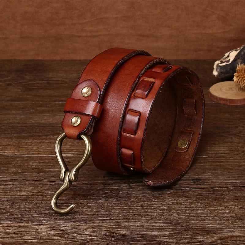 Кожаный ремень из утолщенной растительной дубленой коровьей кожи, мужской кожаный ремень с крючком в стиле ретро из меди, модный мужской ремень для брюк
