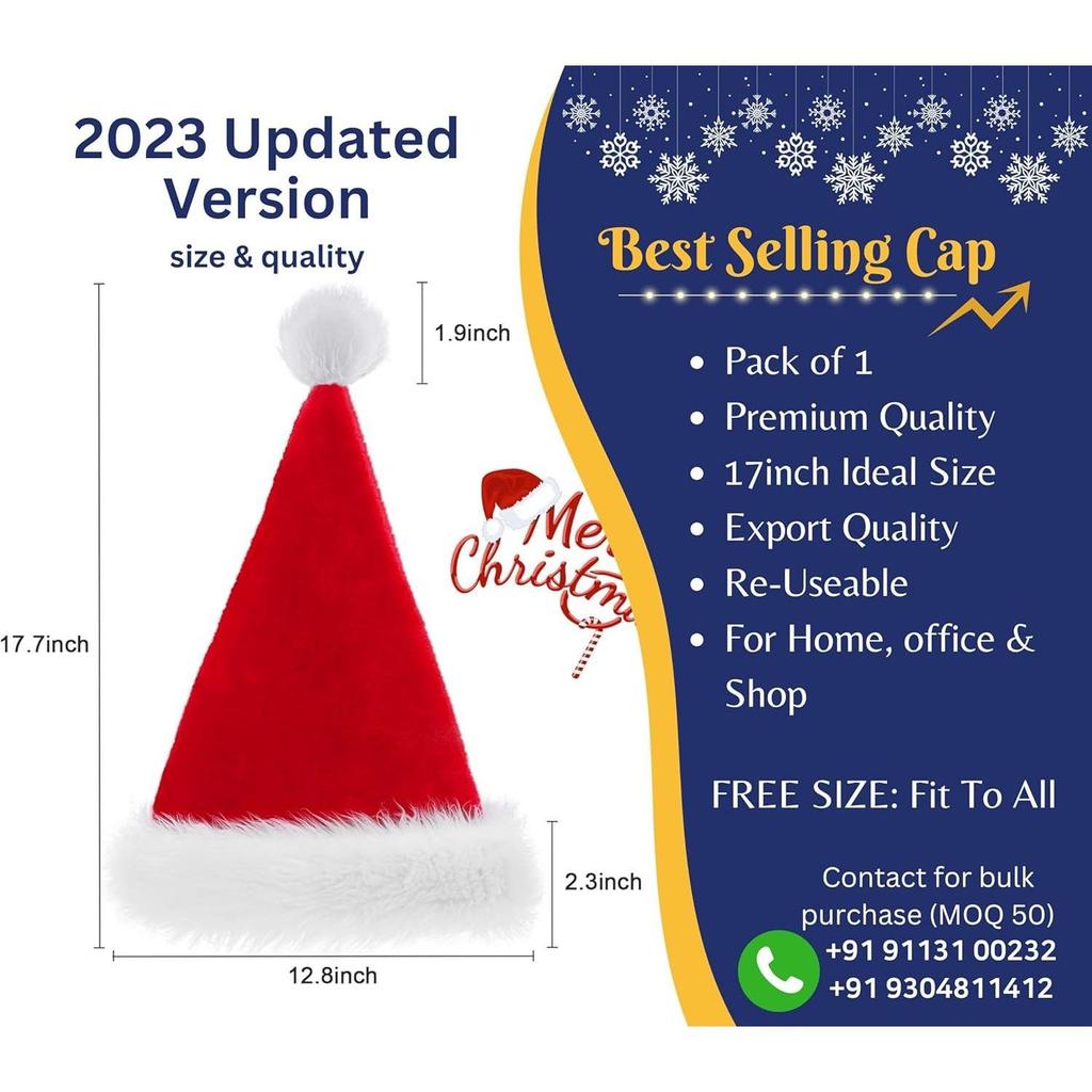 (Set of 1 Red) Santa Cap Plush Fur Christmas Cap Unisex Santa Hat for Adult & Kids Soft Free Size Santa Clause Hat Cap Christmas Decorations
