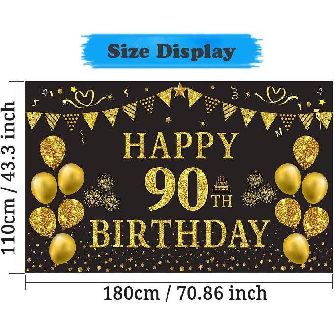 Trgowaul 90th Birthday Backdrop Gold and Black 5.9 X 3.6 Fts Happy Birthday Party Decorations Banner for Women Men Photography Supplies Background