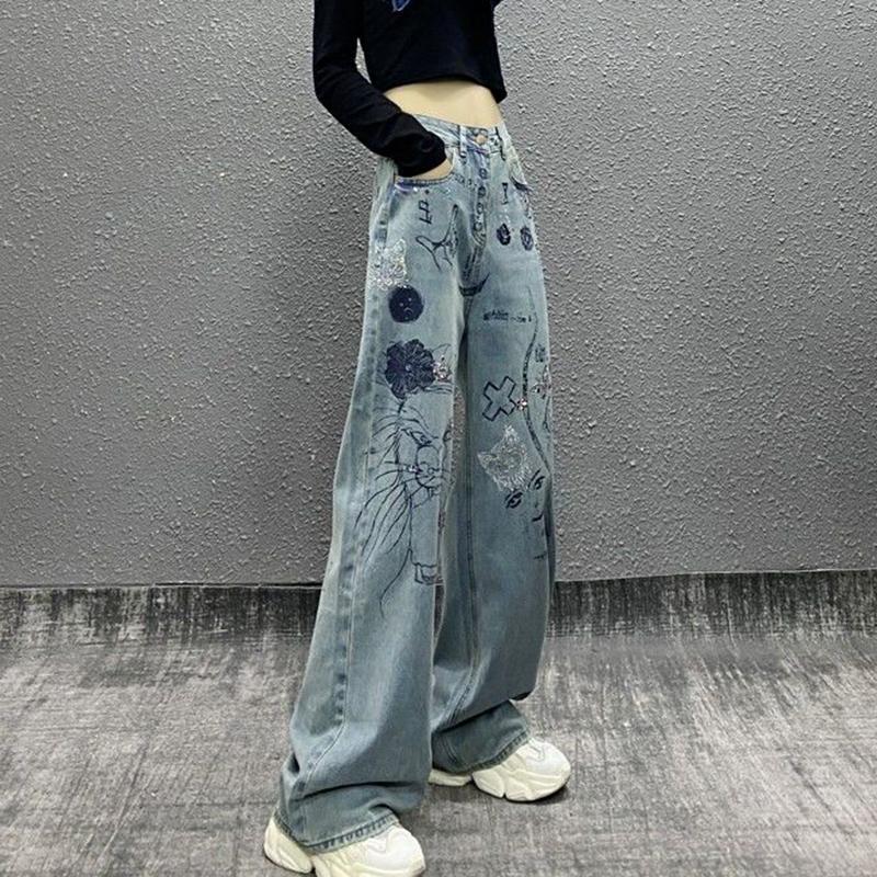 Cartoon Graffiti Jeans Trousers Female Autumn Winter High Waist Women Denim Pants Vintage Loose Wide Leg Pants 2023 New
