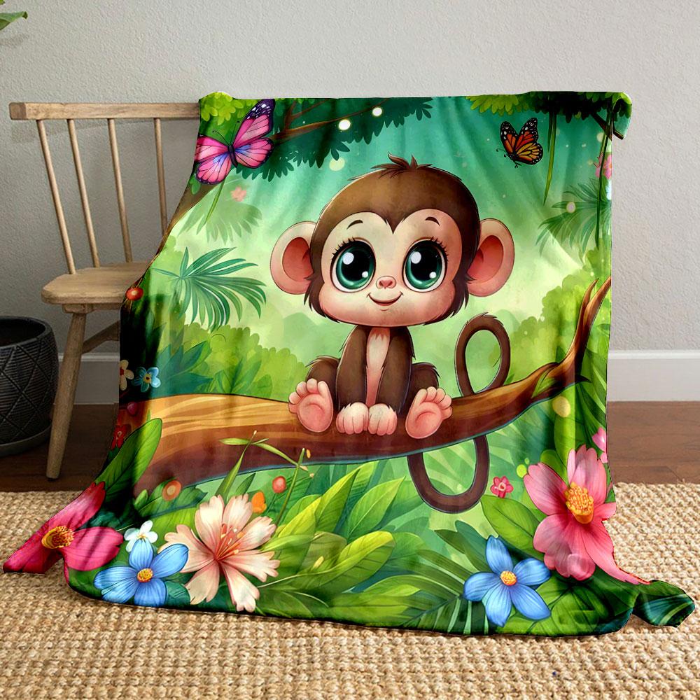 "Adorable Monkey in Tropical Forest" Patterned blanket, flannel, suitable for all seasons, home decor, warm and cozy