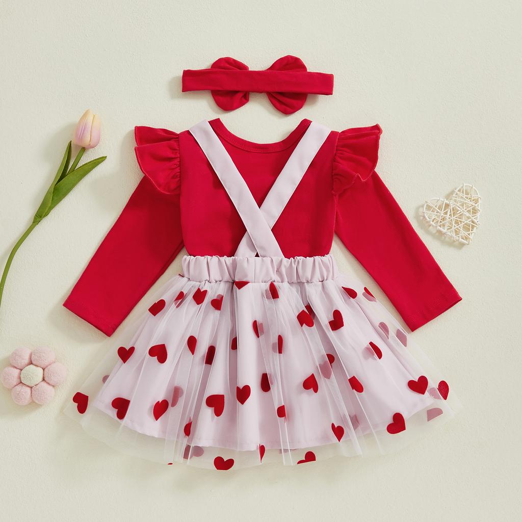 Комплект одежды на День святого Валентина для девочки: комбинезон с длинными рукавами + юбка на подтяжках из тюля + повязка на голову