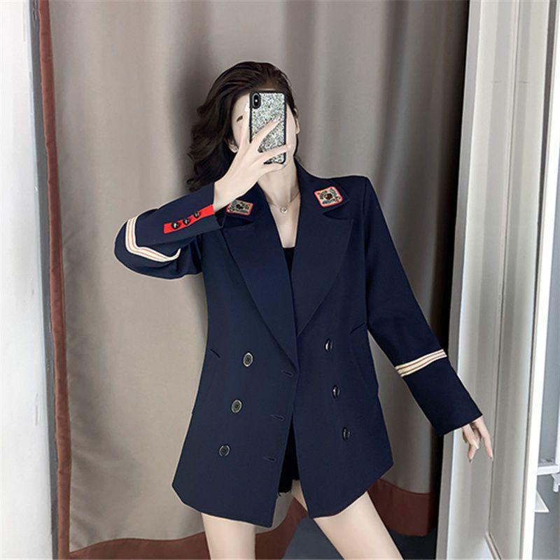 Brit Style Women's Casual Suit Jacket with Embroidery, Korean Fashion Long Sleeve Coat for Spring