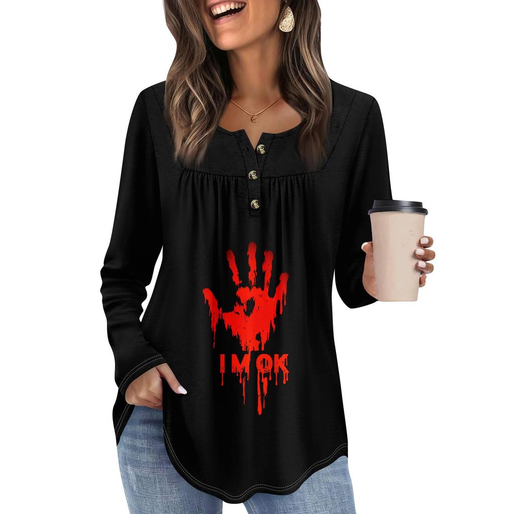 Женская туника с длинным рукавом, свободные топы, повседневные топы оверсайз, плиссированная туника, застегивающаяся на пуговицы, повседневные женские топы с принтом