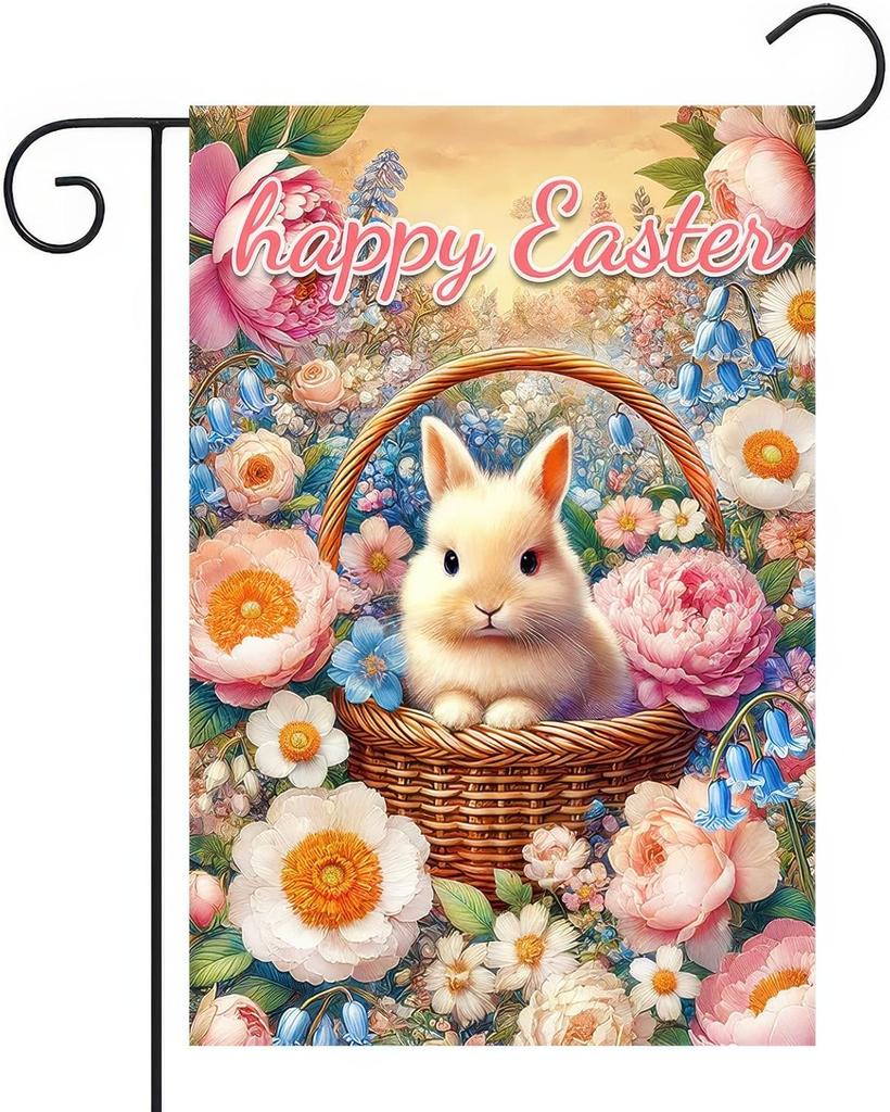 Happy Easter Garden ag Spring Bunny Welcome Yard ags 12x18 Inch Double Sided Cute Rabbit Eggs Coloful ower Outside Dec EEZ
