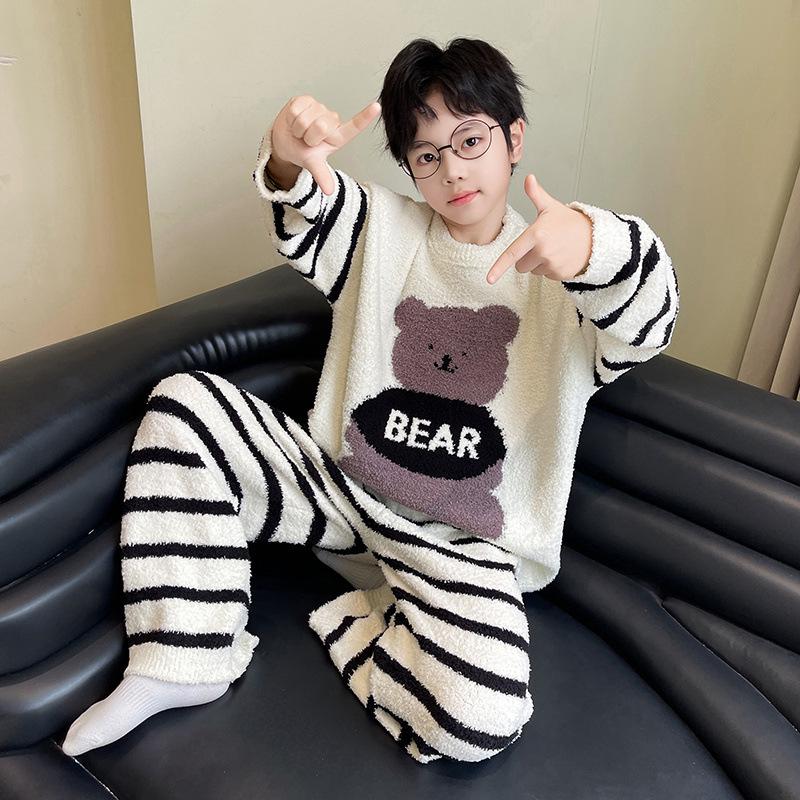 Полосатый мультяшный пижамный комплект для мальчиков на осень/зиму: Мягкий, Плотный и Пушистый Двухпредметный