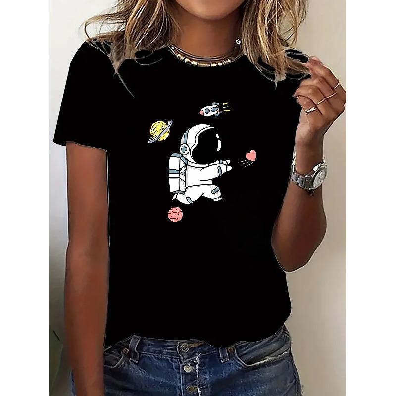 Women'S Athletic Wear Featuring A Stylish Round-Neck Short-Sleeve T-Shirt with A Cartoon Astronaut Design