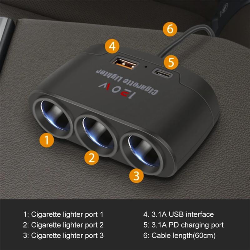 Автомобильные зарядные устройства с двумя портами USB, 3-канальный автомобильный прикуриватель, разветвитель 120 Вт, 12 В, 24 В, автомобильное зарядное устройство, адаптер для iPhone, GPS, видеорегистратор