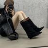 Fashionable Leopard Print Pointed Toe Wedge Trouser Tube Boots Women's Autumn Removable Belt Buckle Mid-tube Boots