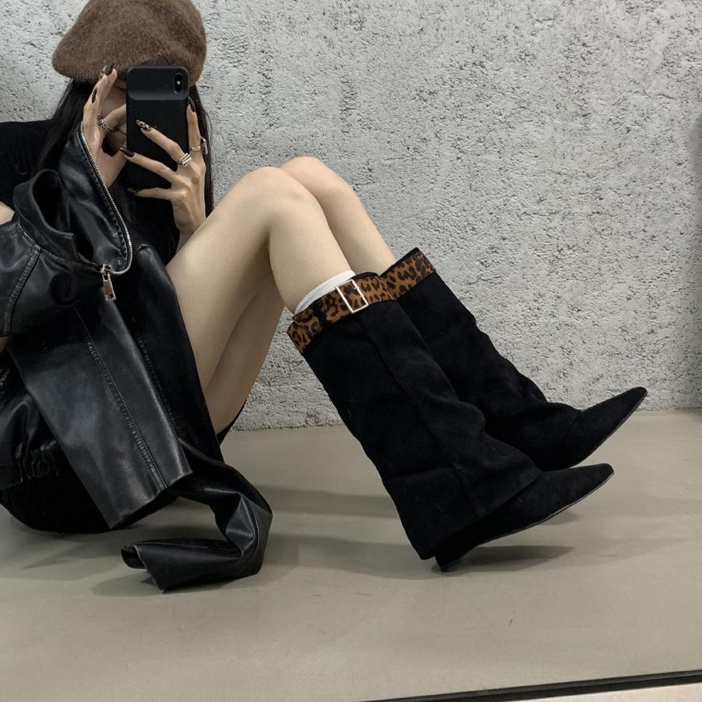 Fashionable Leopard Print Pointed Toe Wedge Trouser Tube Boots Women's Autumn Removable Belt Buckle Mid-tube Boots