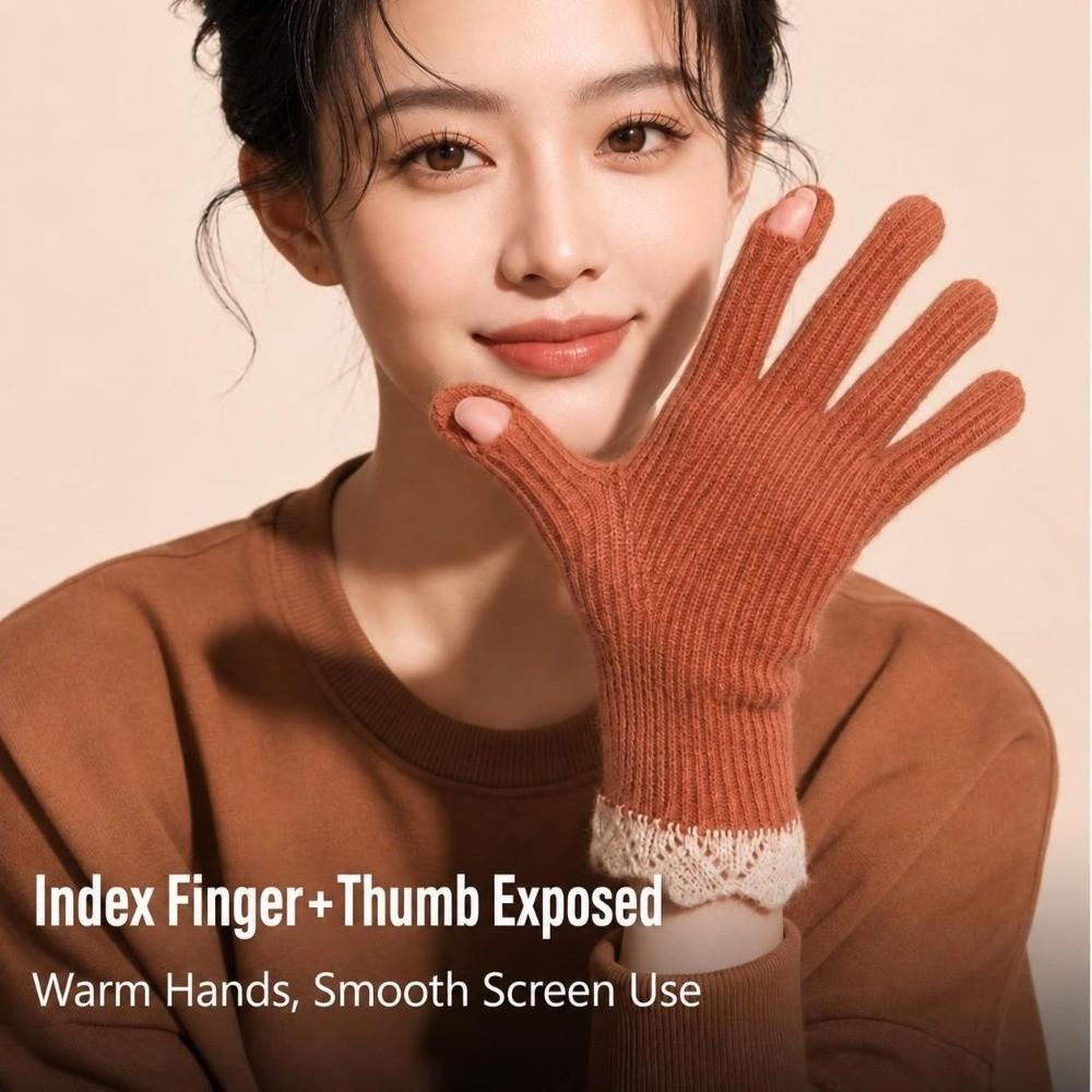 Lace Cuff Open Tip Touch Screen Gloves Warm Winter Long Knitted Gloves Wool Blend Gloves For Women