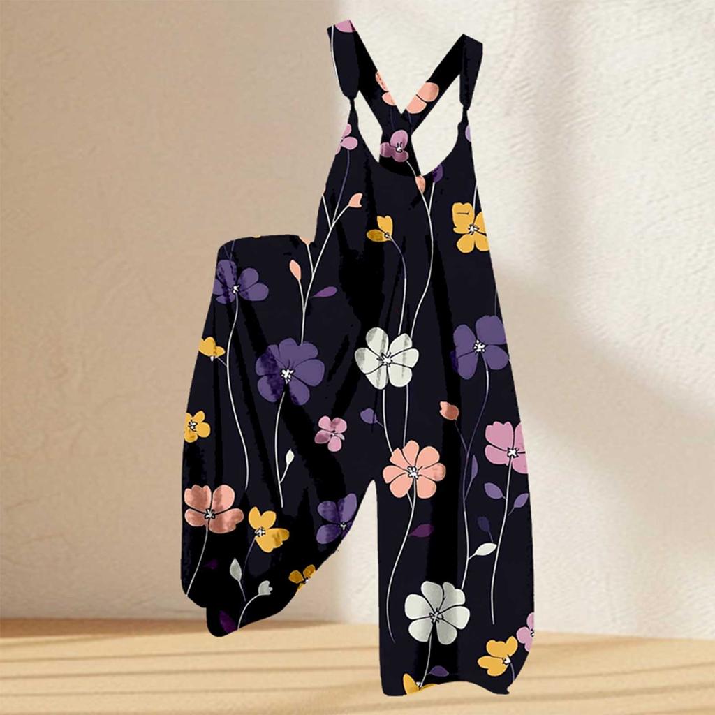 Женский комбинезон с цветочным принтом, повседневный свободный комбинезон из хлопка и льна