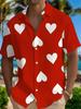 Red And White Heart Full Print Short Sleeve Shirt, Valentine'S Day Cuban Collar Casual Shirt Suitable for Dates/Festive Celebrations