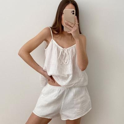 Женский хлопковый комплект пижамы без рукавов, 2 предмета: топ на бретелях-спагетти со шнуровкой и шорты, комплект ночной одежды, летняя одежда для дома