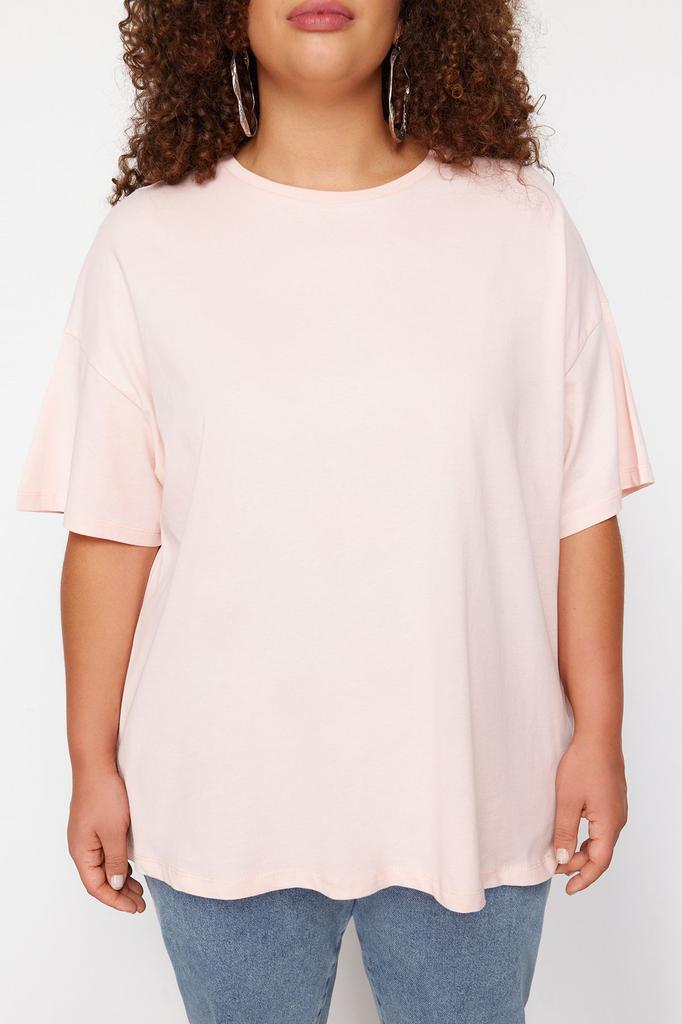Женский стиль, большие размеры, светло-розовая трикотажная футболка из 100% хлопка с принтом на спине, свободного покроя, с круглым вырезом