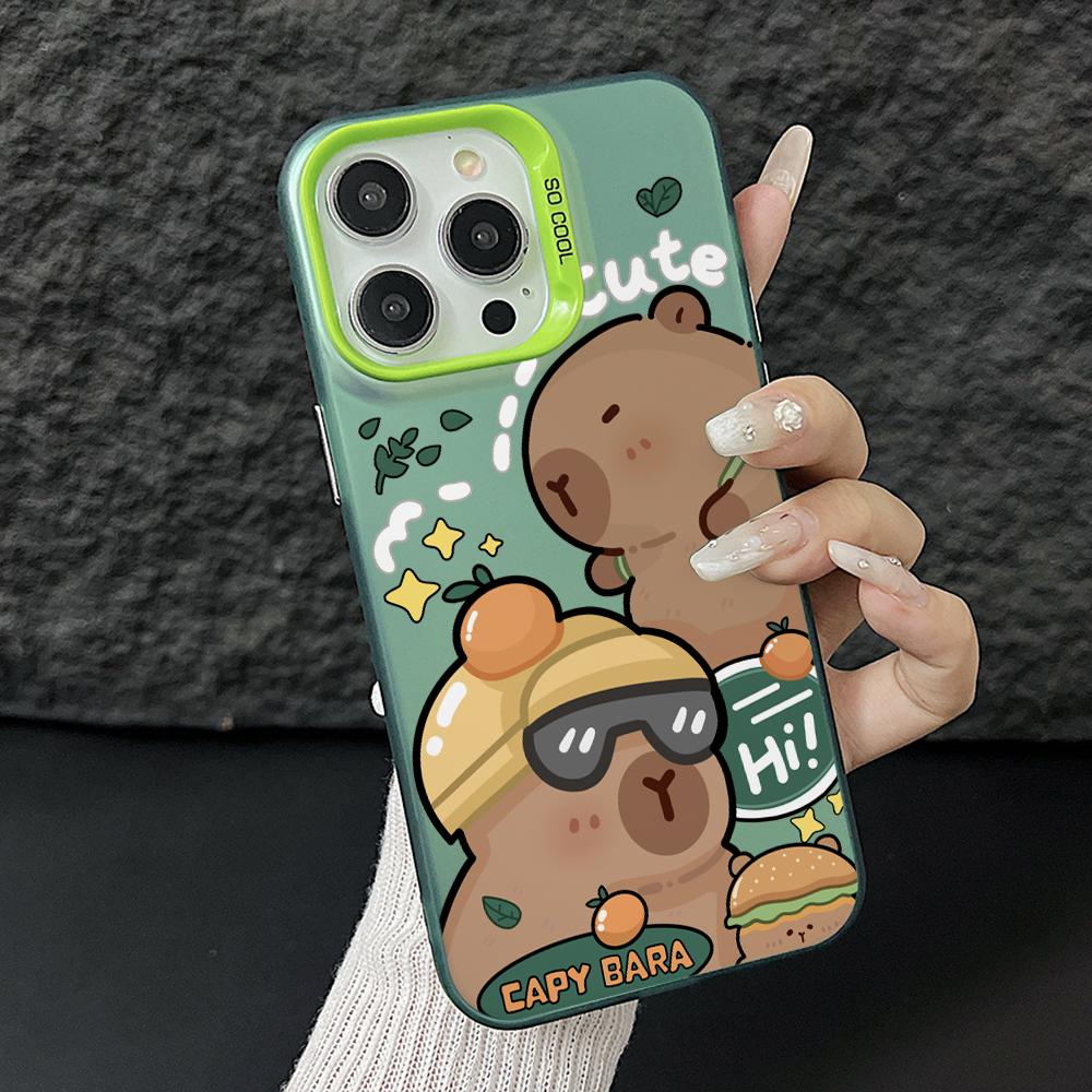 Lovely Cartoon Capybara Phone Case for iPhone 17 Air 16 16e 15 14 Plus 13 12 11 Pro Max X Xs XR 8 Colorful Silver Hard Cover