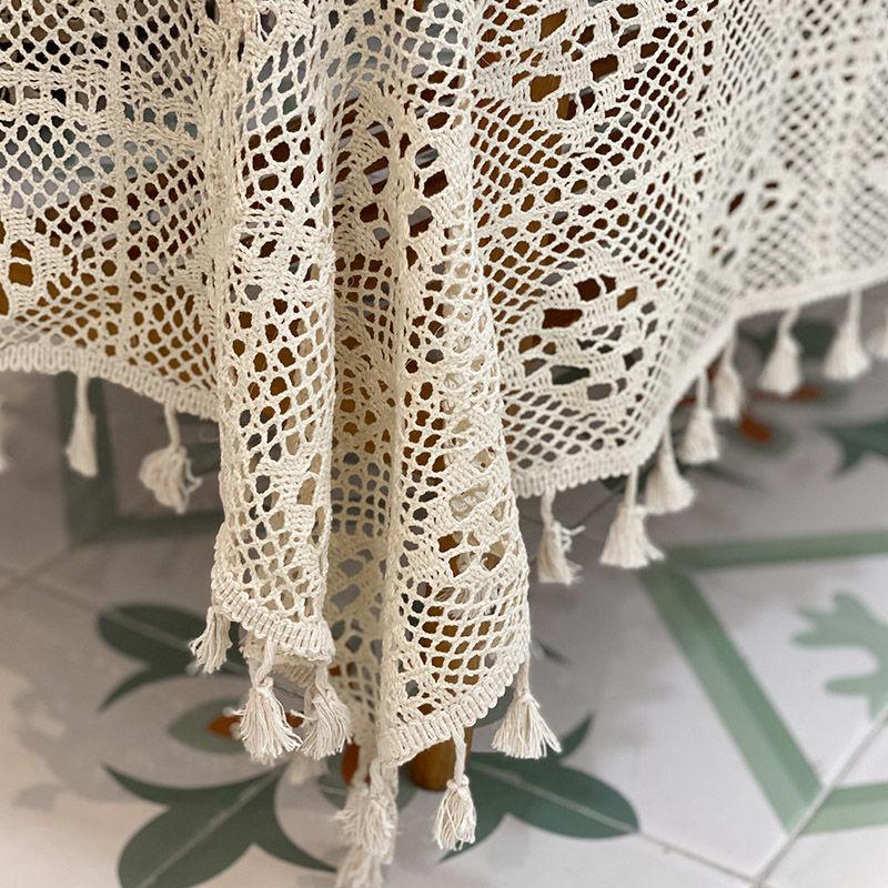 Полая вязаная крючком кружевная скатерть бежевого цвета, хлопчатобумажная нить, вязаная клетчатая обеденная скатерть с бахромой, круглая квадратная настольная скатерть