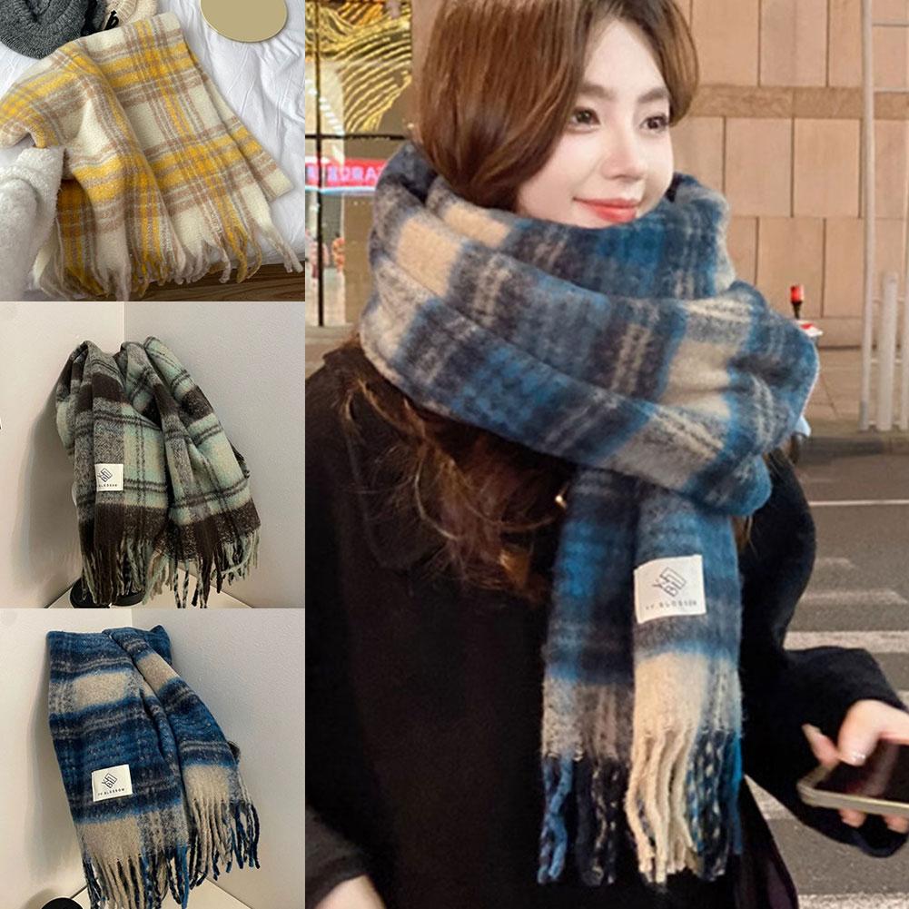 Vintage Warm Winter Cashmere Scarf Mohair Plaid Long Wrap Thickened Soft Thickened Scarves Tass H2X0