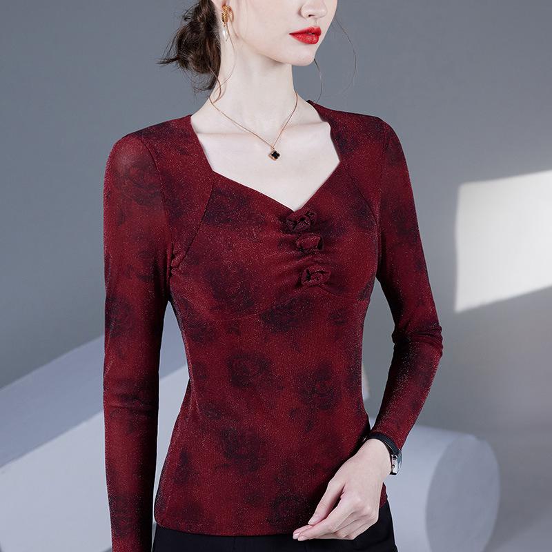 Весна/Осень 2025 Блузка из сетки с квадратным вырезом и принтом роз - Женский модный топ с длинным рукавом