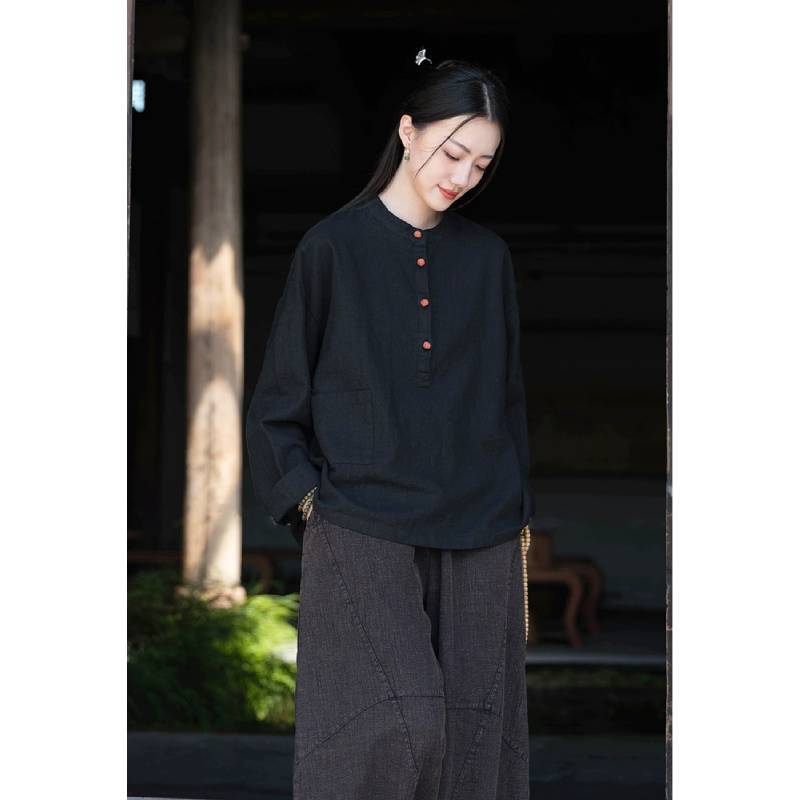 Spring Linen Cotton Womens Shirt With Colorblock Buttons For Vintage Style Casual Wear