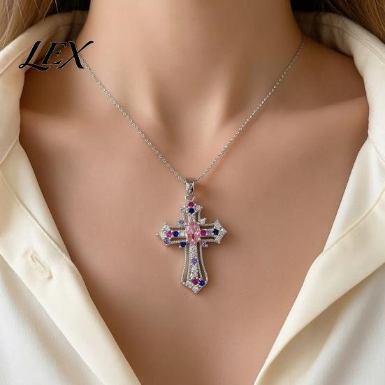 Retro Religious Pendant Necklace Catholic Christian Necklace, Colorful Rhinestone Statement for Women Daily Wear, Jewelry Gift Elegant