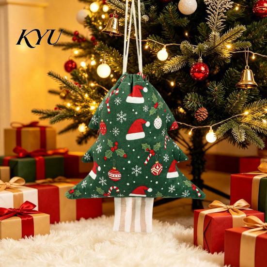 Christmas Tree Shaped Sacks Drawstring Gift Bags, Xmas Hanging Treat Sacks, Reusable Fabric Bags Holiday Candy Small Storage Pouches for Decorations