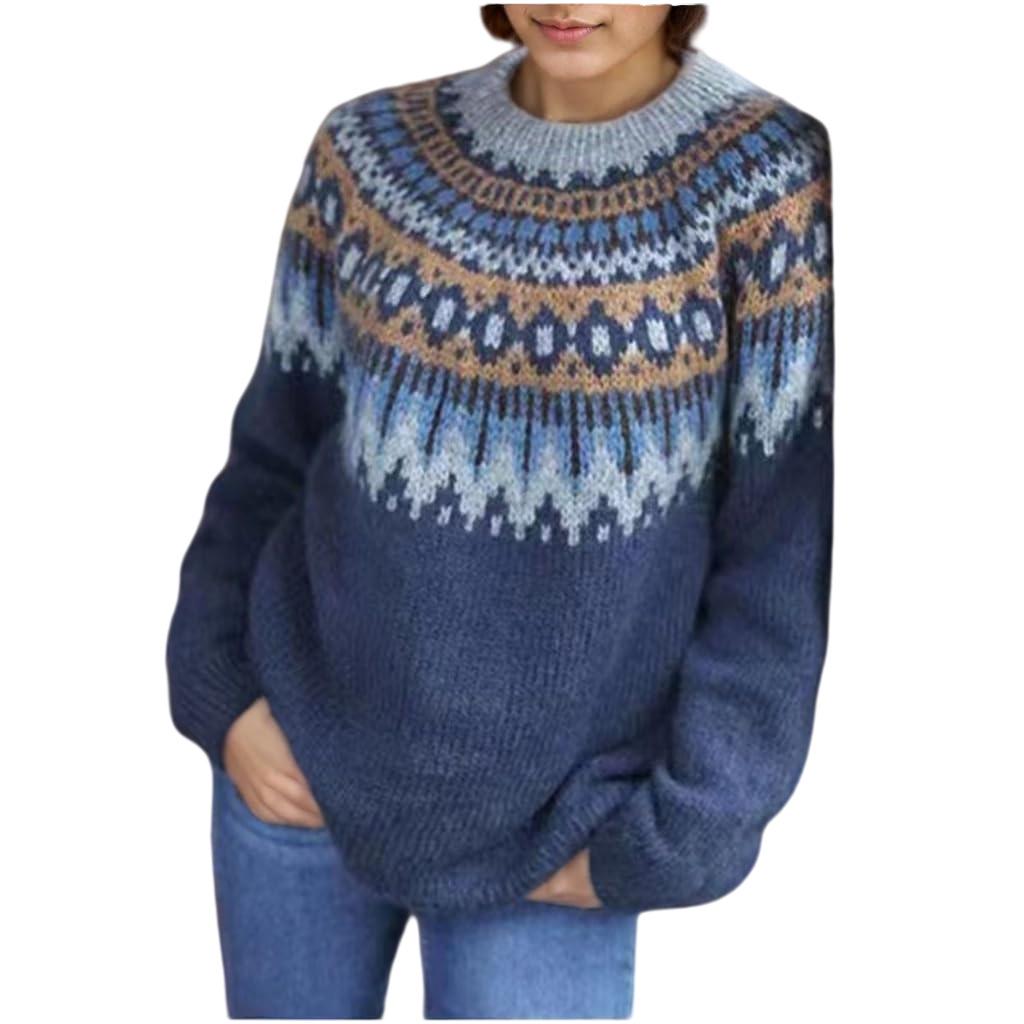 Women's 2026 Retro Color Block Knitwear: Long Sleeve, Comfortable, Versatile Round Neck Sweater