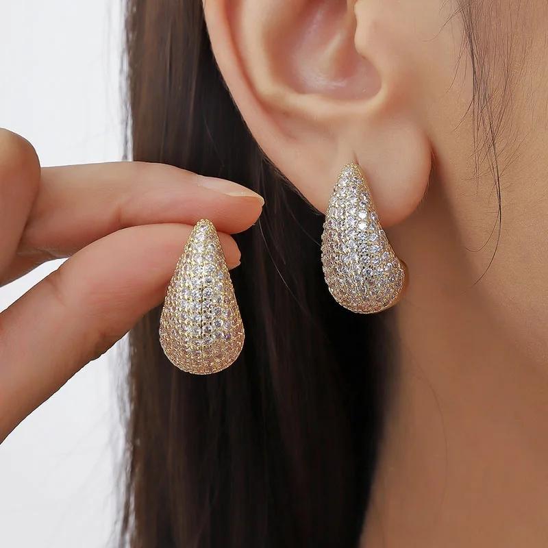 New Gold Color Chunky Dome Water Drop Earring for Women Trendy Glossy Thick Zircon Inlaid Teardrop Hoops Earrings Jewelry