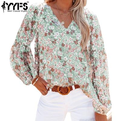 Женские модные повседневные весенне-осенние блузки и рубашки с v-образным вырезом и длинными рукавами с цветочным узором и принтом