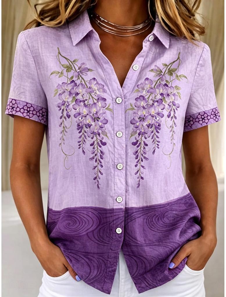 Women's Short Sleeve Peony Print Gradient Button Down Casual Shirt Elegant Daily Blouse Tops in Pink Green for Spring Summer
