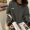 Striped Bottom Shirt Women's Plus Size Autumn Round Neck Long Sleeve Sweatshirt Top