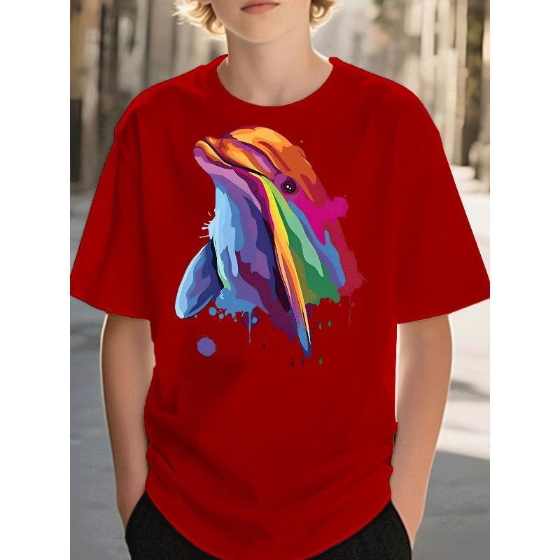 European sizes T-Shirt Boys Clothing Casual Trendy Colorful Paint Splash Dolphin Graphic Kids Wear for Boys Ages 5-13 Party Outfit Holiday Gift