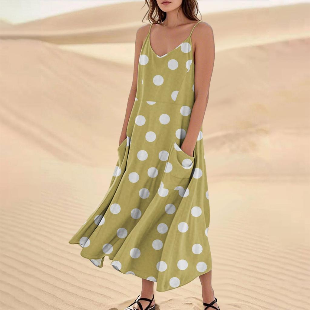 Women's Casual V Neck Dot Print Sleeveless Pocket Suspender Dress