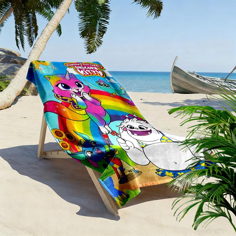 Rainbow Butterfly Unicorn Kitty Print Beach Towel, Large Soft Quick Dry Towel for Beach Camping Swimming