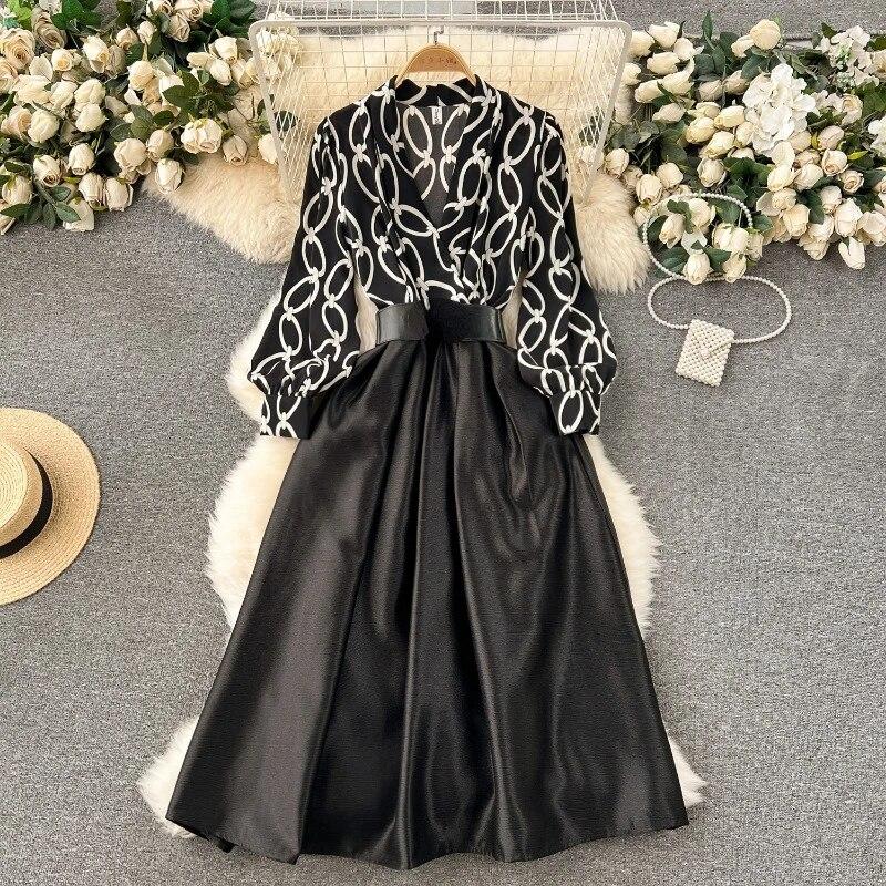 Корейские модные платья с длинными рукавами, новинка 2024 года, весеннее новое платье из двух предметов с принтом для женщин, свободные платья средней длины, Vestidos Mujer