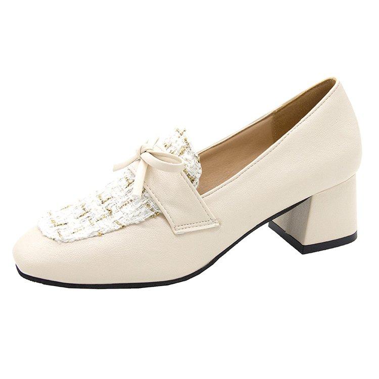 Fashion Lady Heels Fall New Square Toe Deep Mouth Spliced Bow Slip Foot Anti-Slip Wear-Resistant Block Heel Single Shoes